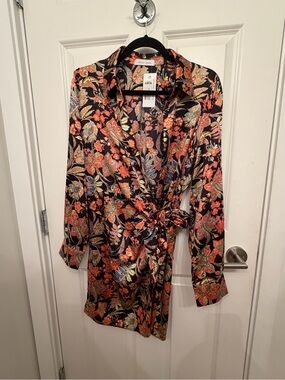 Floral Paisley Long Sleeve Wrap Mini Dress - Black with Multicolor Floral